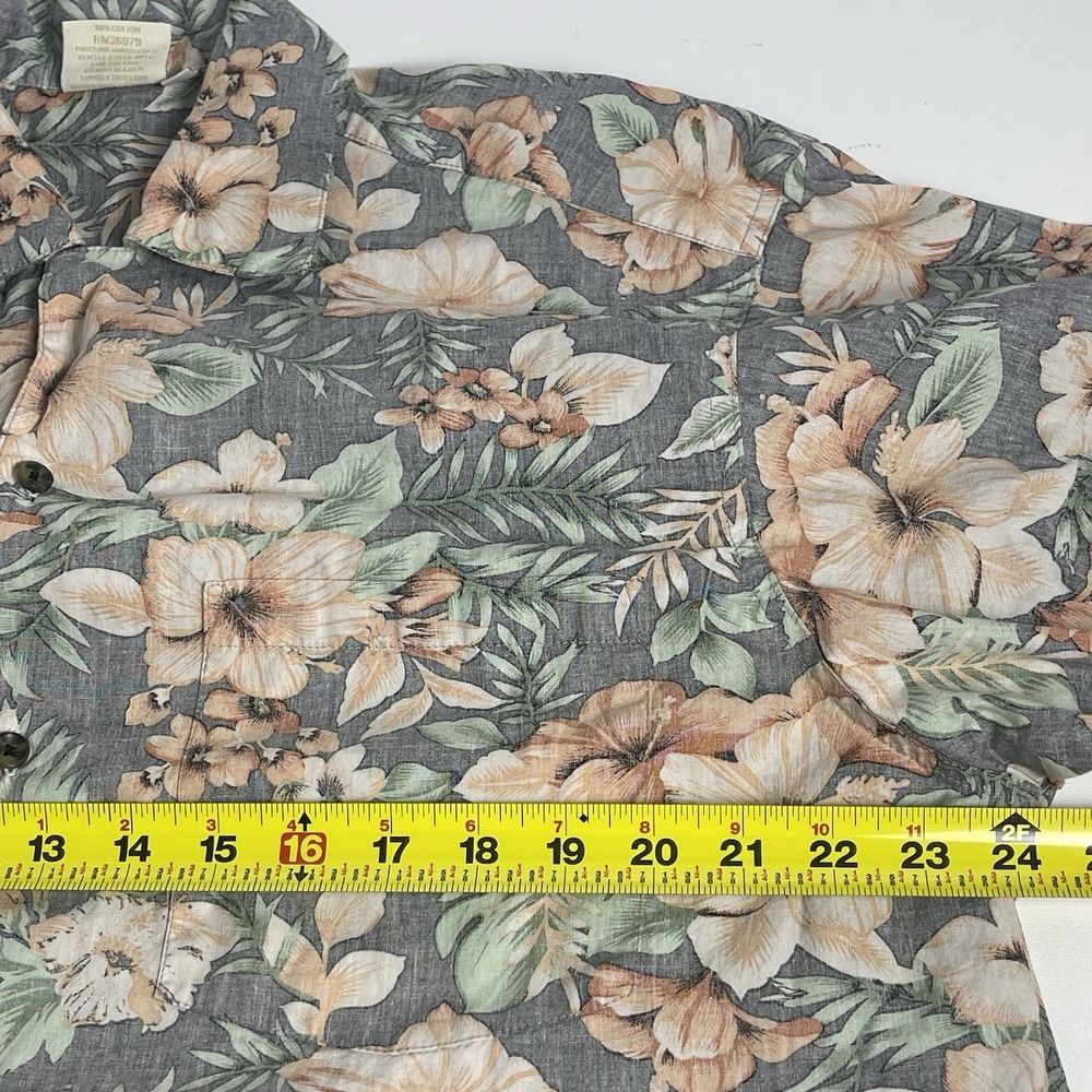 Go Barefoot Men's Large Gray Orange Green Hawaiian Tropical Aloha Floral Button - Picture 7 of 8